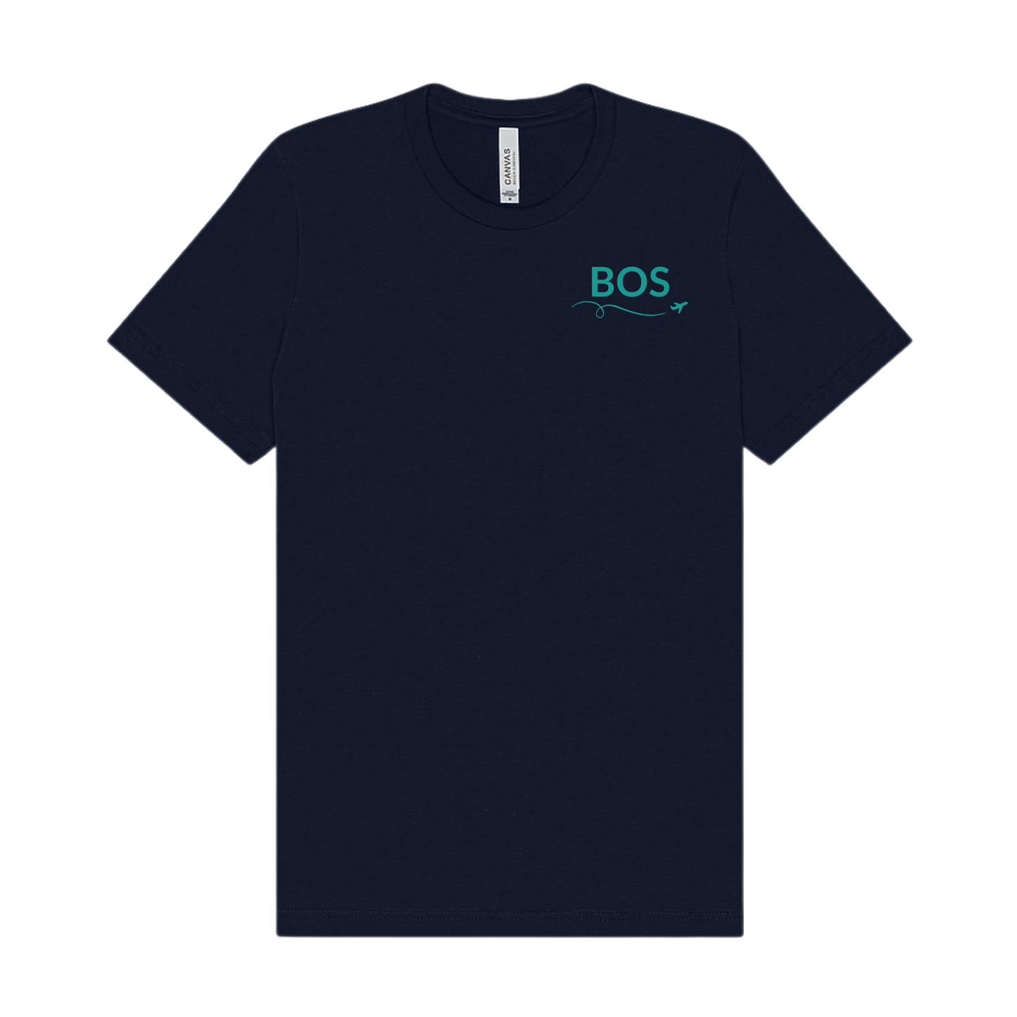 Navy t-shirt featuring “BOS” on the front left chest in Fenway green with a small airplane icon and looping flight path.