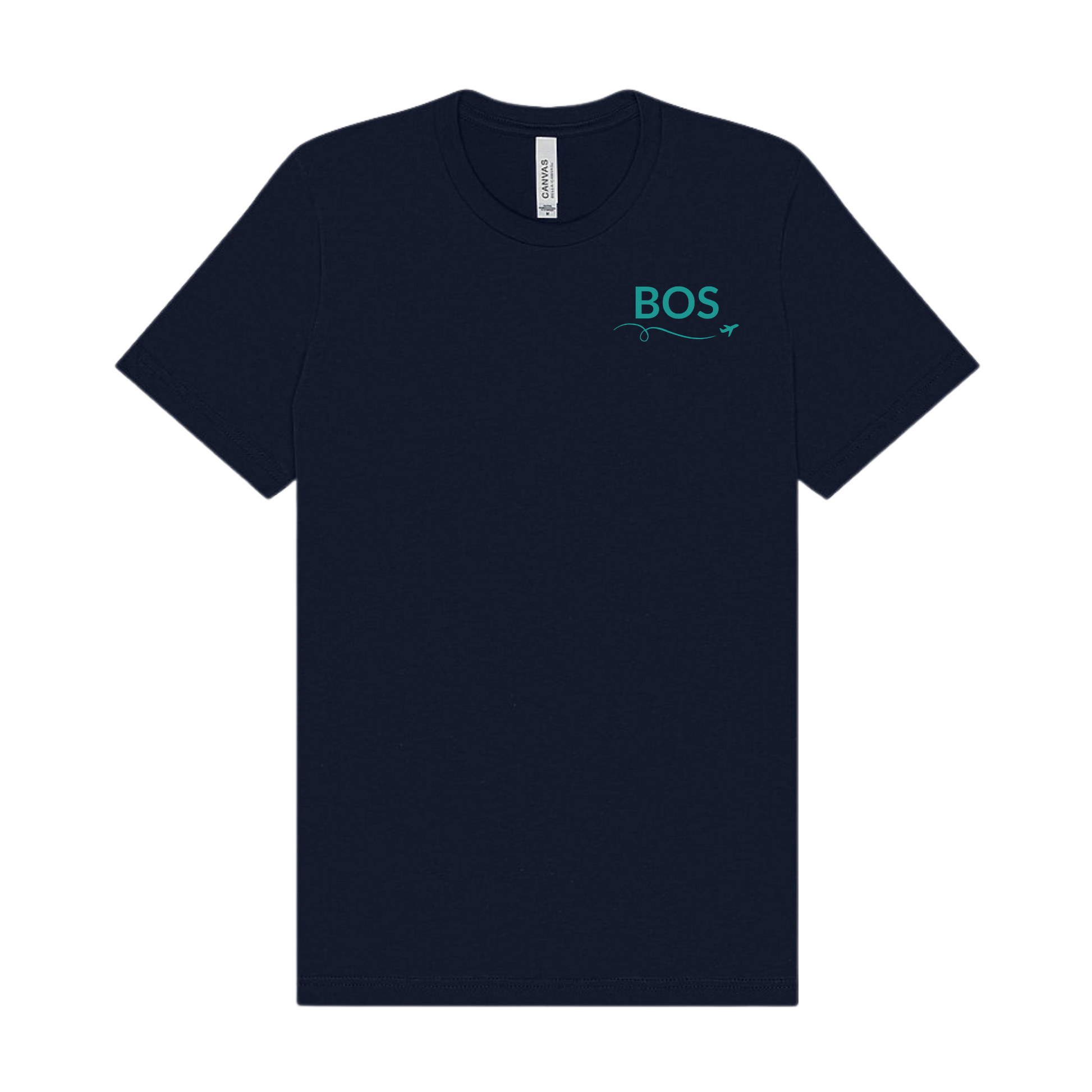 Navy t-shirt featuring “BOS” on the front left chest in Fenway green with a small airplane icon and looping flight path.