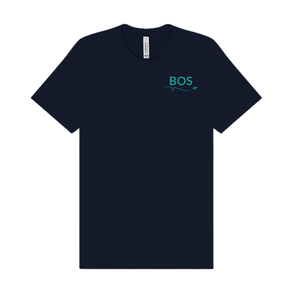 Navy t-shirt featuring “BOS” on the front left chest in Fenway green with a small airplane icon and looping flight path.