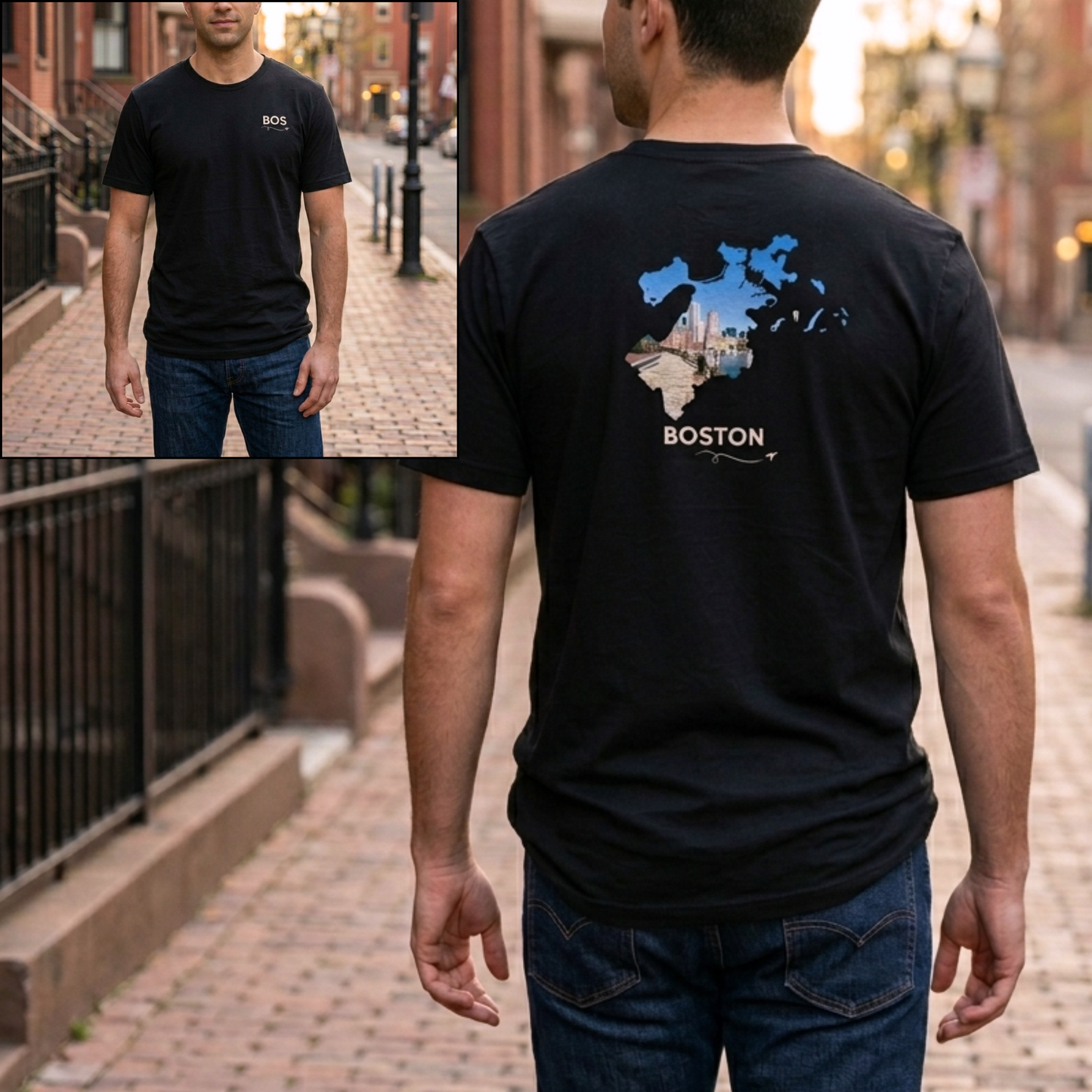 Boston T-Shirt | BOS Front & Financial District Skyline Back