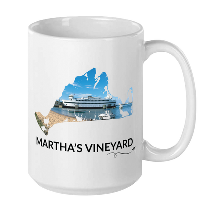 15 oz Vineyard Haven ferry mug featuring a hand-drawn Martha's Vineyard outline filled with a real photograph of the Steamship docked at the harbor, with Martha's Vineyard lettering and airplane swirl