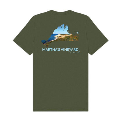 Back of military green t-shirt featuring the Aquinnah Cliffs and ocean inside the Martha’s Vineyard island outline with Martha’s Vineyard lettering and airplane swirl