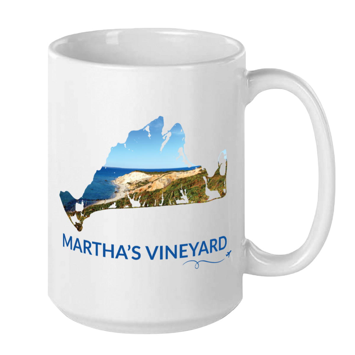 15 oz Martha's Vineyard mug featuring a hand-drawn island outline filled with a real photograph of the Aquinnah Cliffs, Martha's Vineyard lettering, and airplane swirl