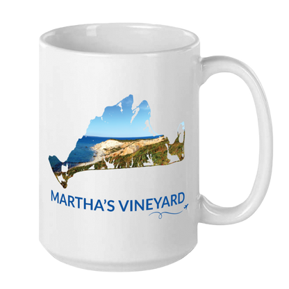 15 oz Martha's Vineyard mug featuring a hand-drawn island outline filled with a real photograph of the Aquinnah Cliffs, Martha's Vineyard lettering, and airplane swirl