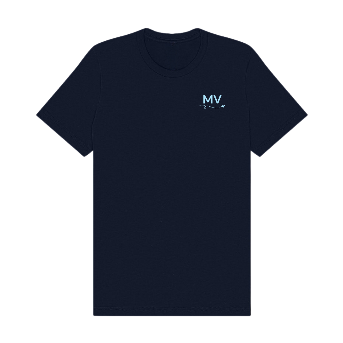 Front of navy t-shirt with light blue MV lettering, swirl, and small airplane on the chest