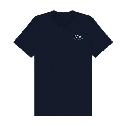 Front of navy t-shirt with light blue MV lettering, swirl, and small airplane on the chest