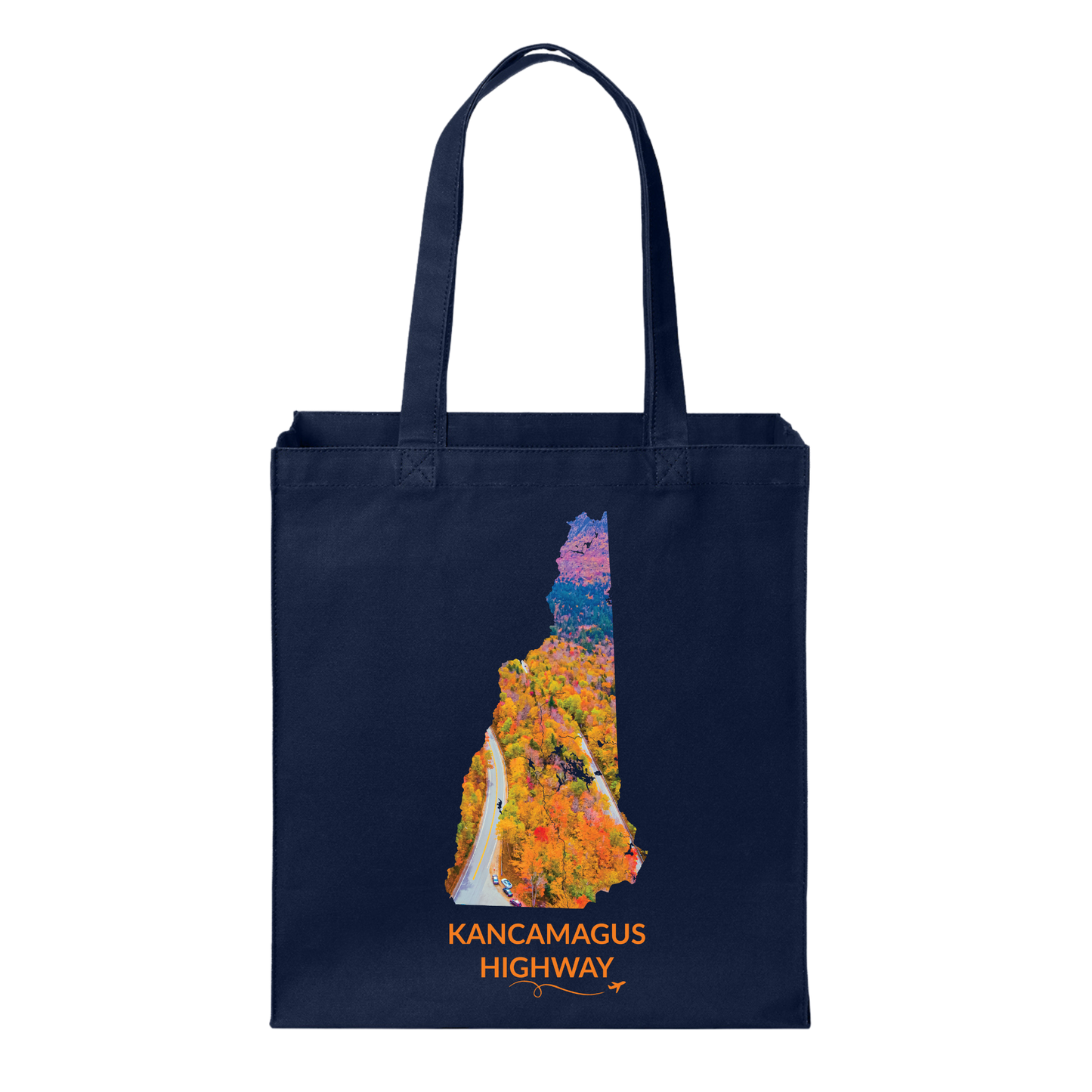 Navy canvas tote bag featuring a hand-drawn New Hampshire outline filled with an aerial photograph of the Kancamagus Highway winding through colorful fall foliage. The words “Kancamagus Highway” appear below with a small airplane icon and looping flight path.