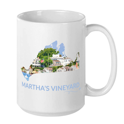 15 oz Edgartown Harbor mug featuring a hand-drawn Martha's Vineyard outline filled with a real photograph of waterfront homes, harbor boats, trees and an American flag, with Martha's Vineyard lettering and airplane swirl