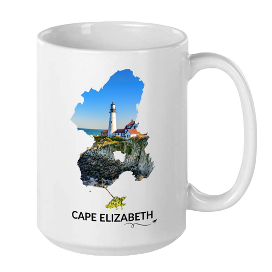 White 15 oz Cape Elizabeth mug featuring Portland Head Light, rocky coastline and blue ocean inside the Cape Elizabeth outline, black Cape Elizabeth lettering, and a small airplane with swirl