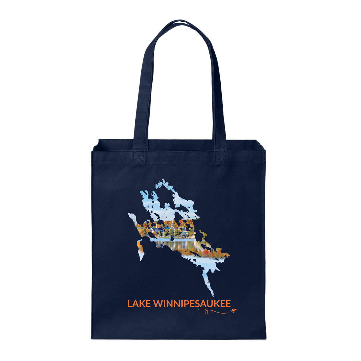 Navy canvas tote with Lake Winnipesaukee outline featuring a fall waterfront scene in Meredith, NH, orange Lake Winnipesaukee lettering, and small airplane with swirl