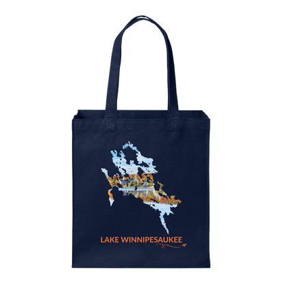 Navy canvas tote with Lake Winnipesaukee outline featuring a fall waterfront scene in Meredith, NH, orange Lake Winnipesaukee lettering, and small airplane with swirl
