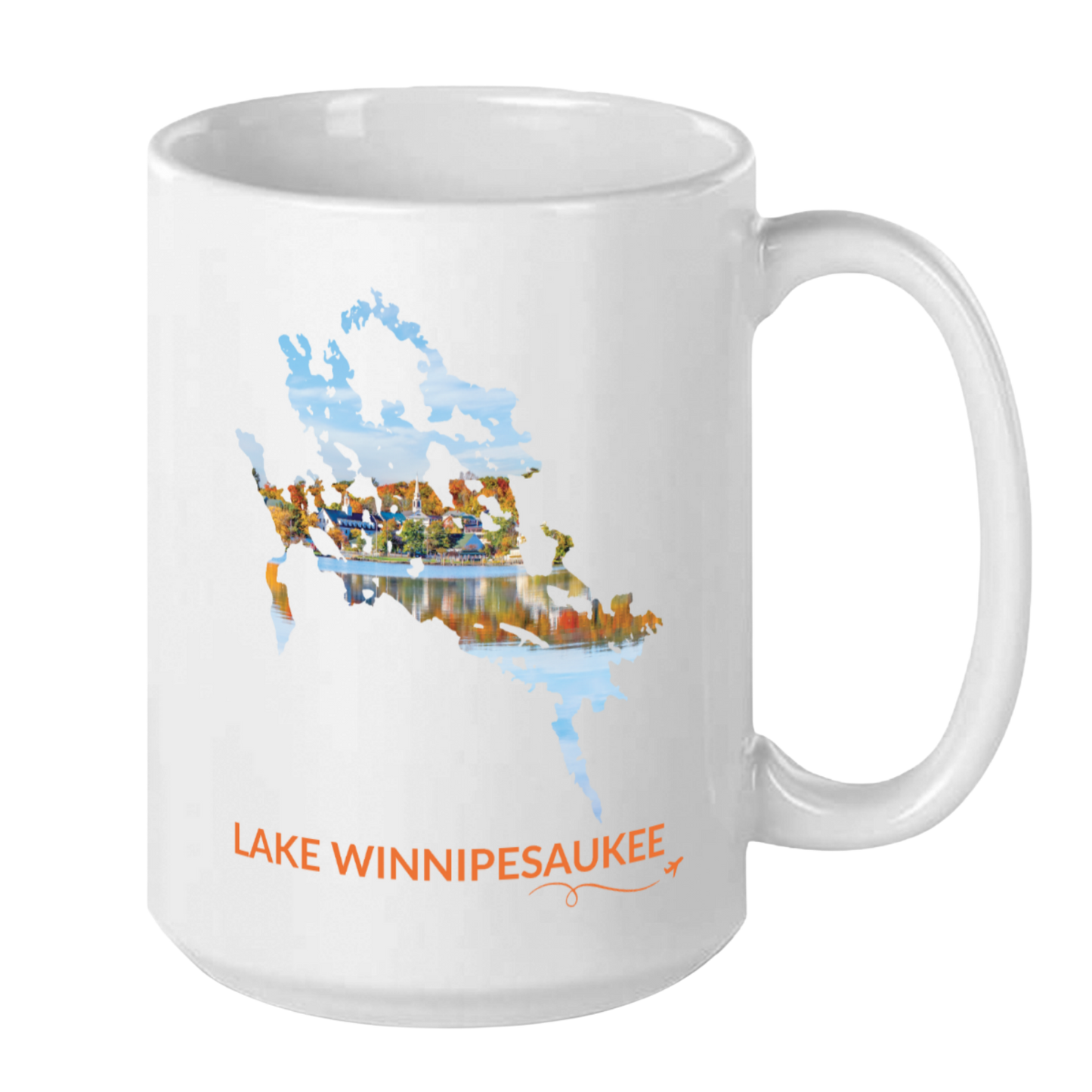 White 15 oz ceramic mug featuring a hand-drawn outline of Lake Winnipesaukee filled with a photograph of Meredith, New Hampshire, with autumn foliage and lakeside buildings reflected in the water. The words “Lake Winnipesaukee” appear below the artwork with a small airplane icon and looping flight path.