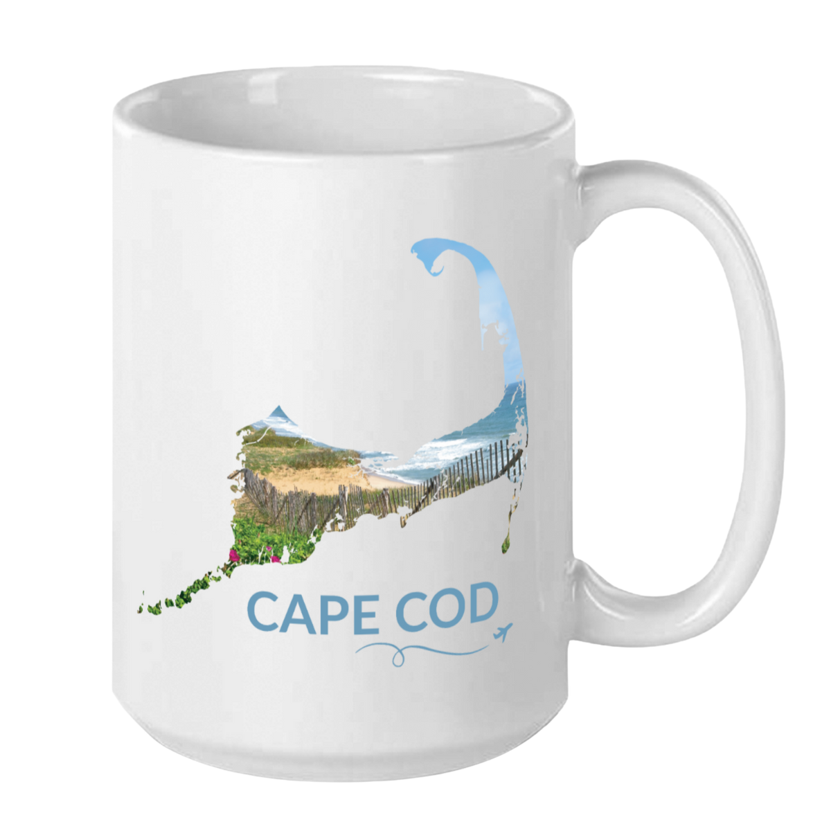 White 15 oz Cape Cod mug featuring a beach scene with sand fence, dunes, ocean and beach roses inside the Cape Cod outline, blue Cape Cod lettering, and a small airplane with swirl