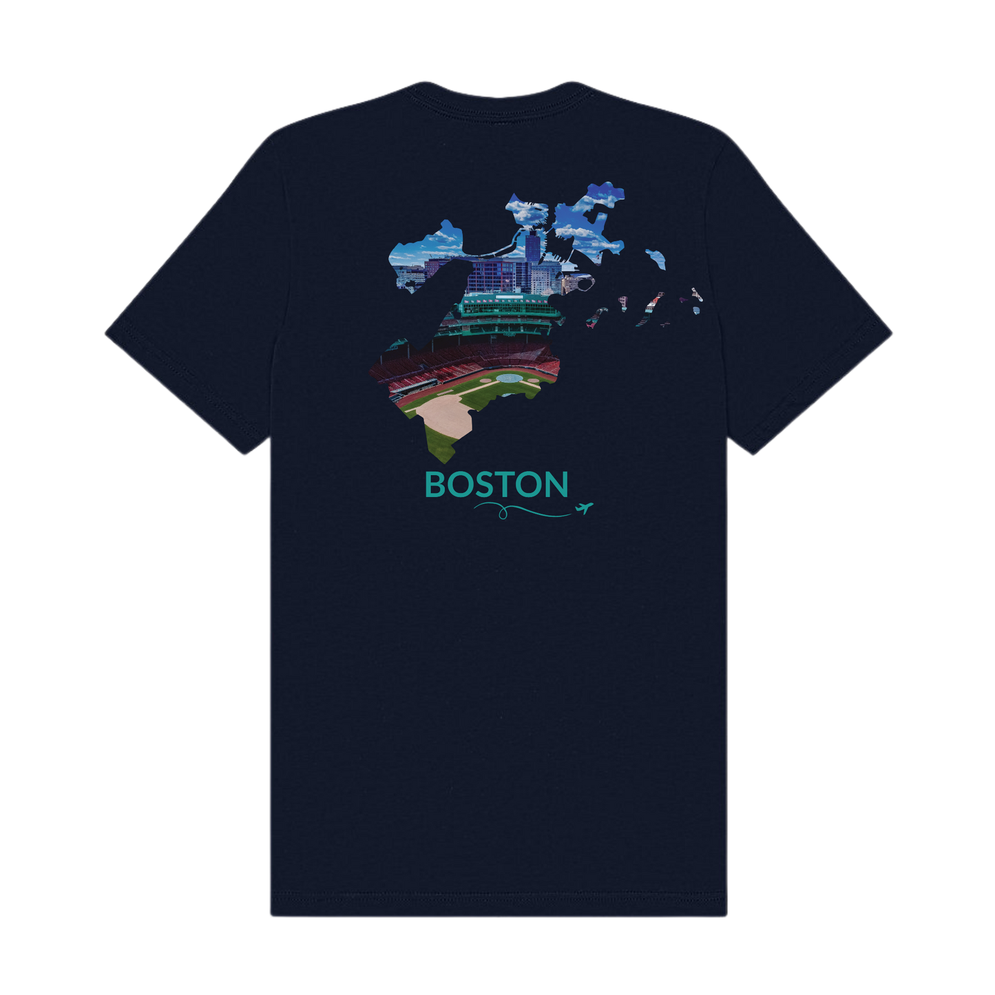 Navy t-shirt featuring a hand-drawn Boston outline filled with a photograph of Fenway Park and the surrounding city skyline. The word “Boston” appears below the artwork in Fenway green with a small airplane icon and looping flight path.