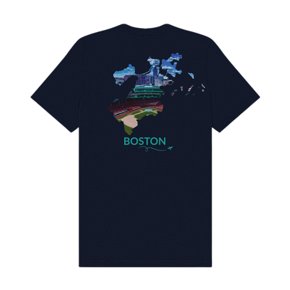 Navy t-shirt featuring a hand-drawn Boston outline filled with a photograph of Fenway Park and the surrounding city skyline. The word “Boston” appears below the artwork in Fenway green with a small airplane icon and looping flight path.