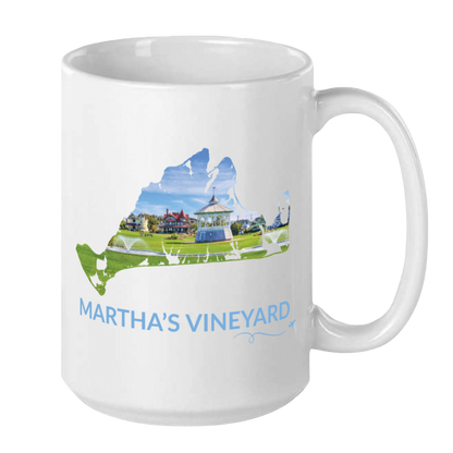 15 oz Ocean Park mug featuring a hand-drawn Martha's Vineyard outline filled with a real photograph of the gazebo, green lawn, and Victorian homes, with Martha's Vineyard lettering and airplane swirl