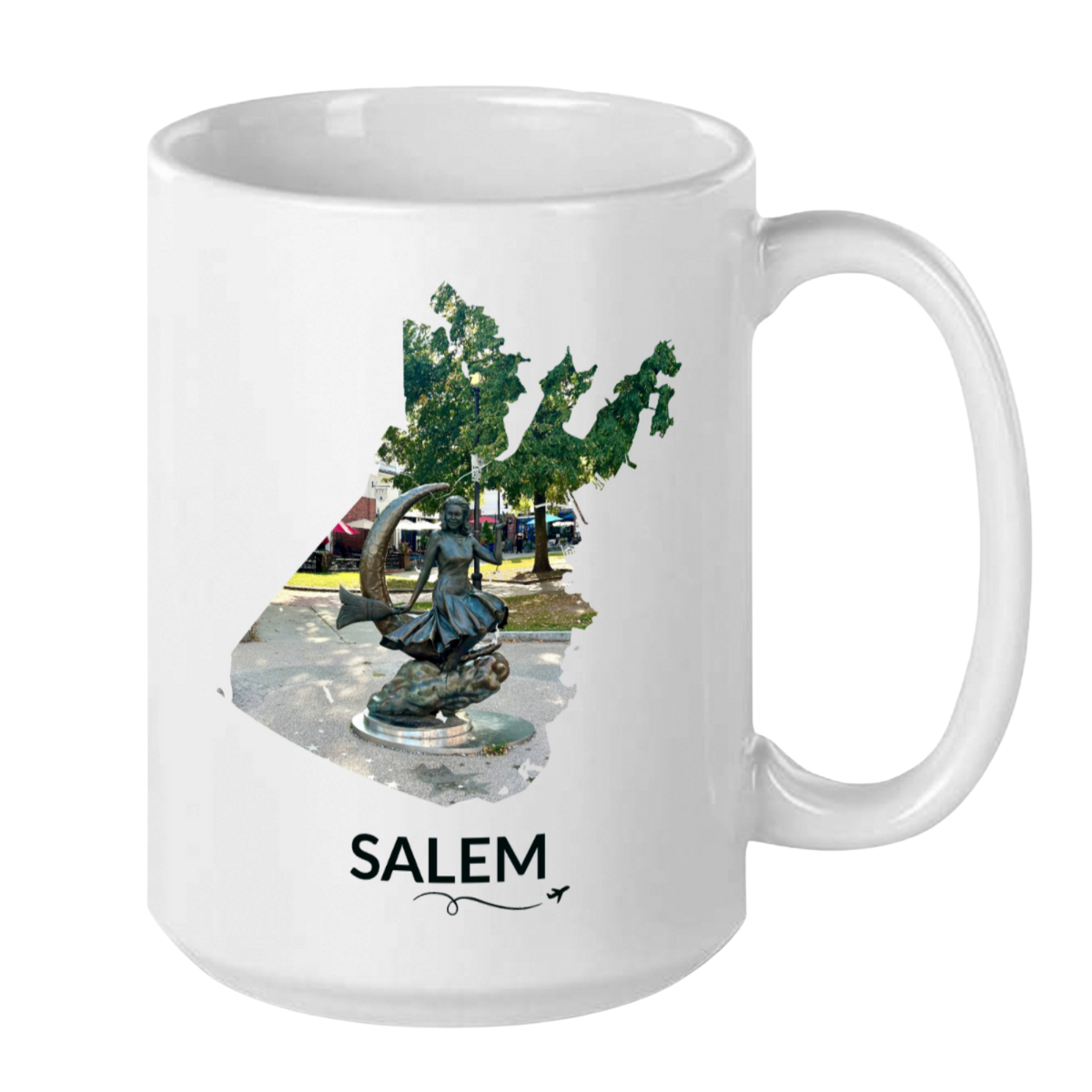 White 15 oz Salem mug featuring the Bewitched Sculpture inside the Salem outline, Salem lettering, and a small plane with a swirly line.