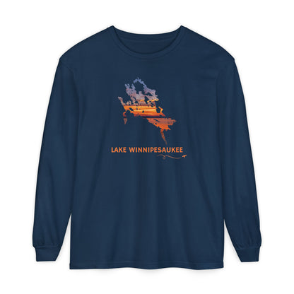 Lake Winnipesaukee Outline Long Sleeve | Sunset Lake View