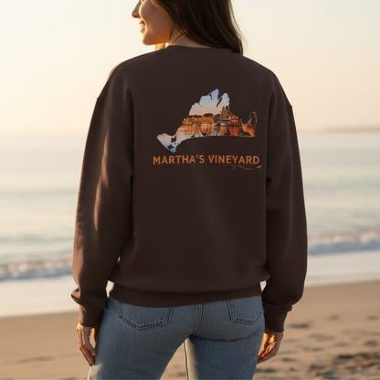 Martha’s Vineyard Crewneck Sweatshirt | MV Front & Oak Bluffs Harbor Sunset Back