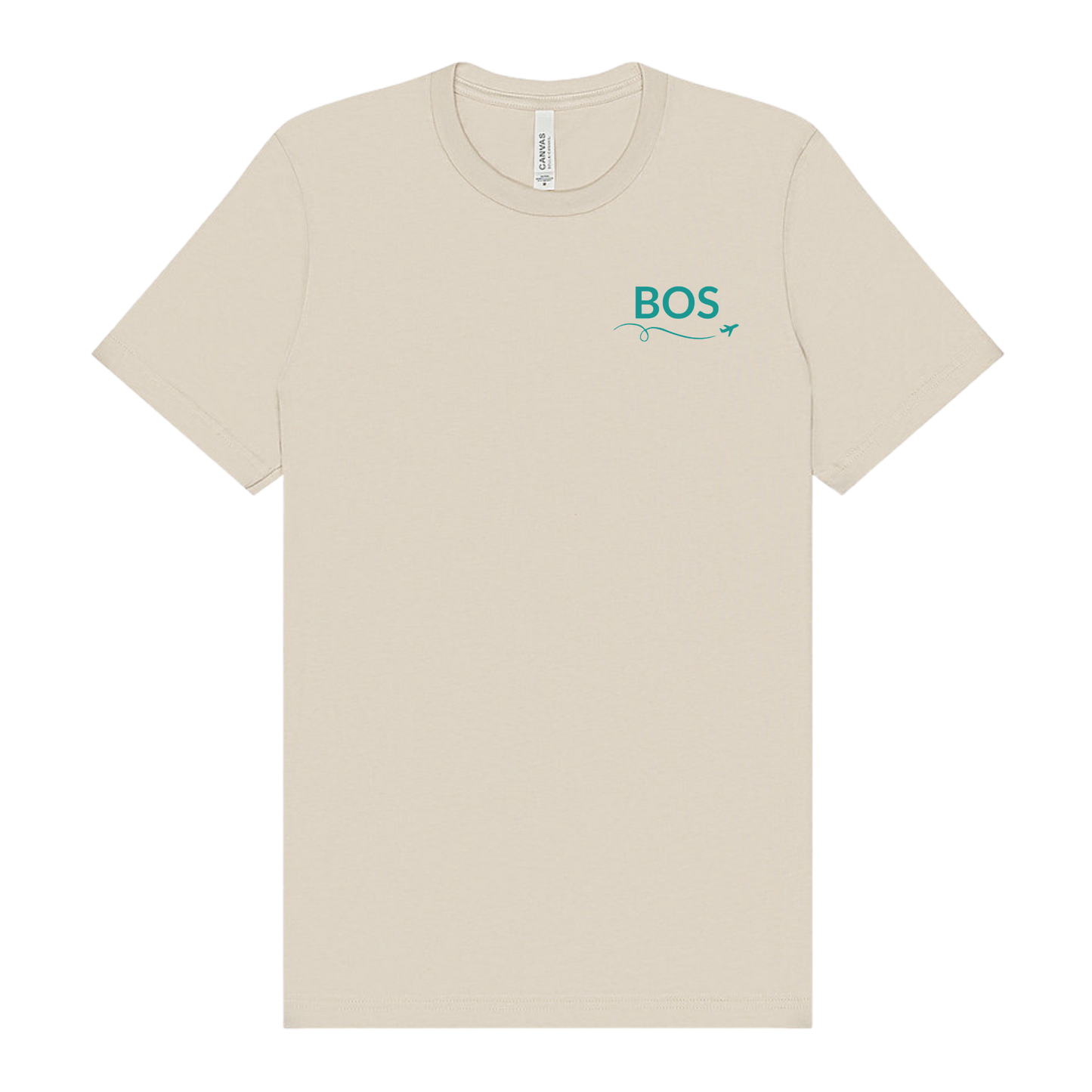 Dust t-shirt featuring “BOS” on the front left chest in Fenway green with a small airplane icon and looping flight path.