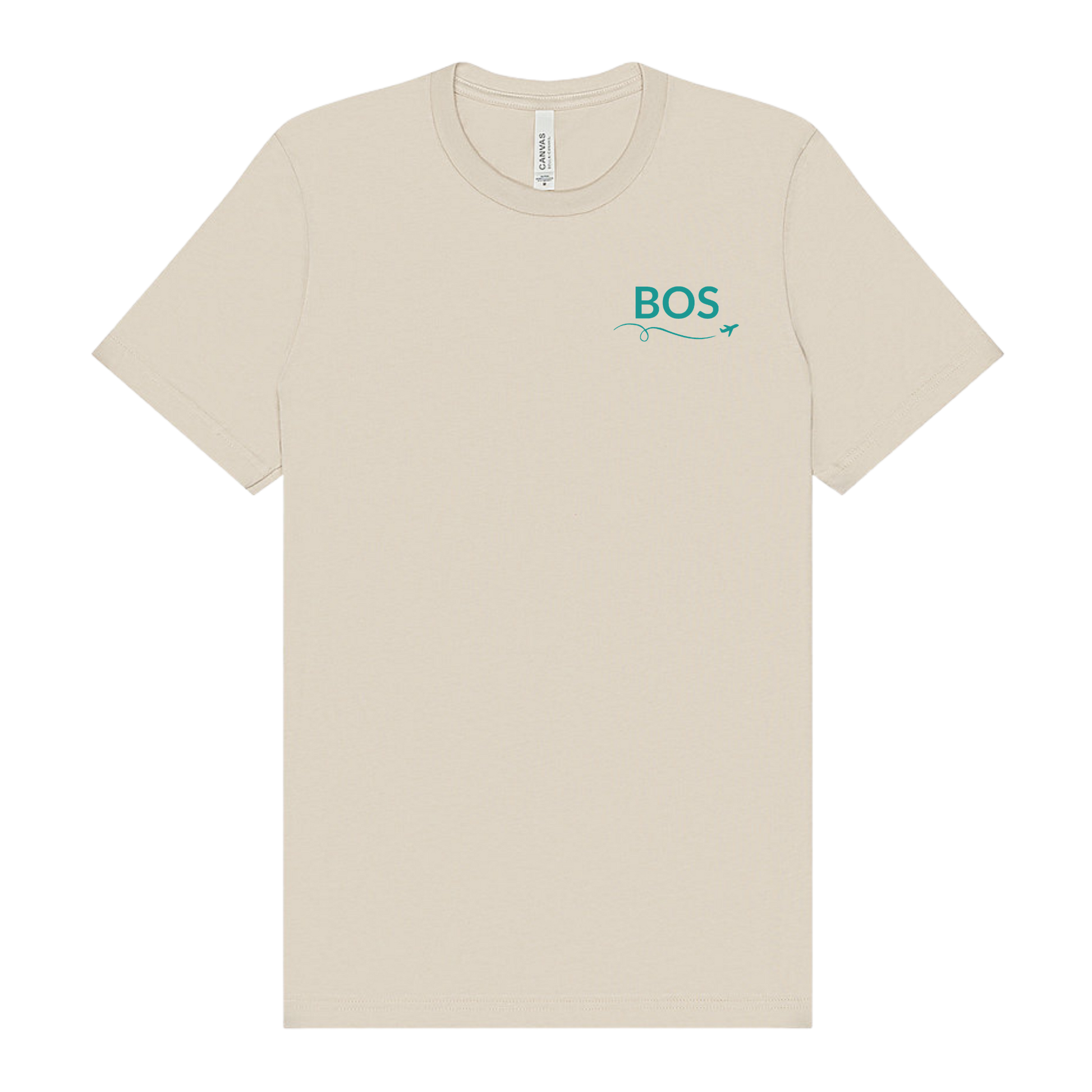 Dust t-shirt featuring “BOS” on the front left chest in Fenway green with a small airplane icon and looping flight path.