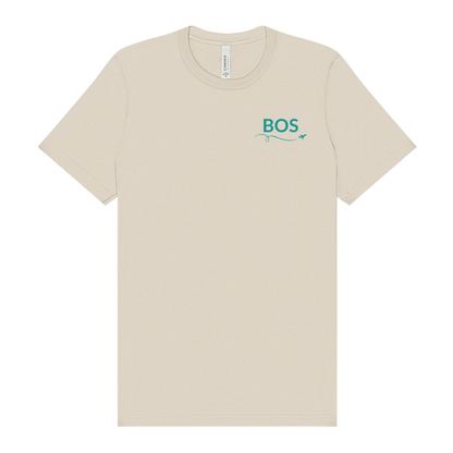 Dust t-shirt featuring “BOS” on the front left chest in Fenway green with a small airplane icon and looping flight path.