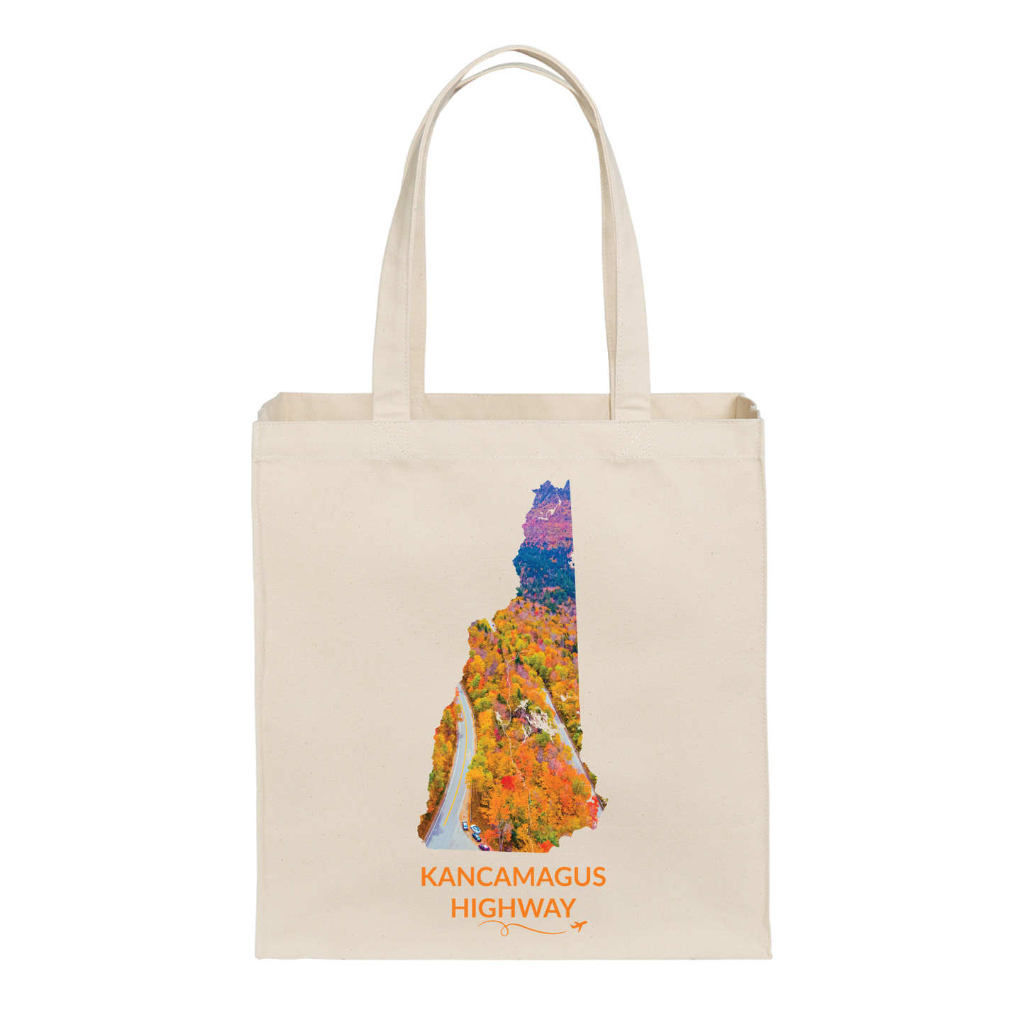 Natural canvas tote bag featuring a hand-drawn New Hampshire outline filled with an aerial photograph of the Kancamagus Highway winding through colorful fall foliage. The words “Kancamagus Highway” appear below with a small airplane icon and looping flight path.