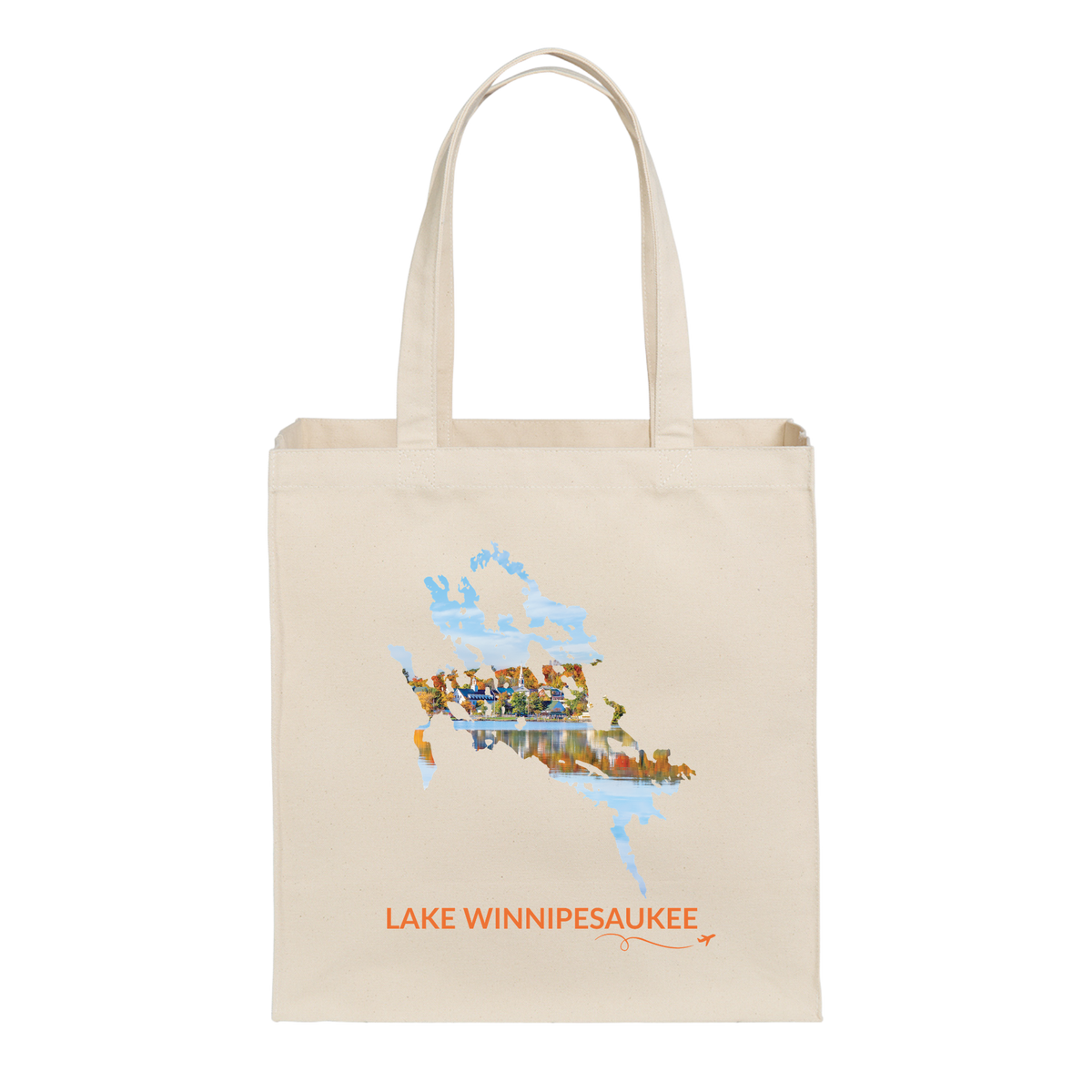 Natural canvas tote with Lake Winnipesaukee outline featuring a fall waterfront scene in Meredith, NH, orange Lake Winnipesaukee lettering, and small airplane with swirl