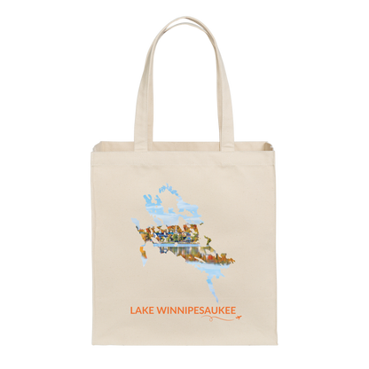Natural canvas tote with Lake Winnipesaukee outline featuring a fall waterfront scene in Meredith, NH, orange Lake Winnipesaukee lettering, and small airplane with swirl