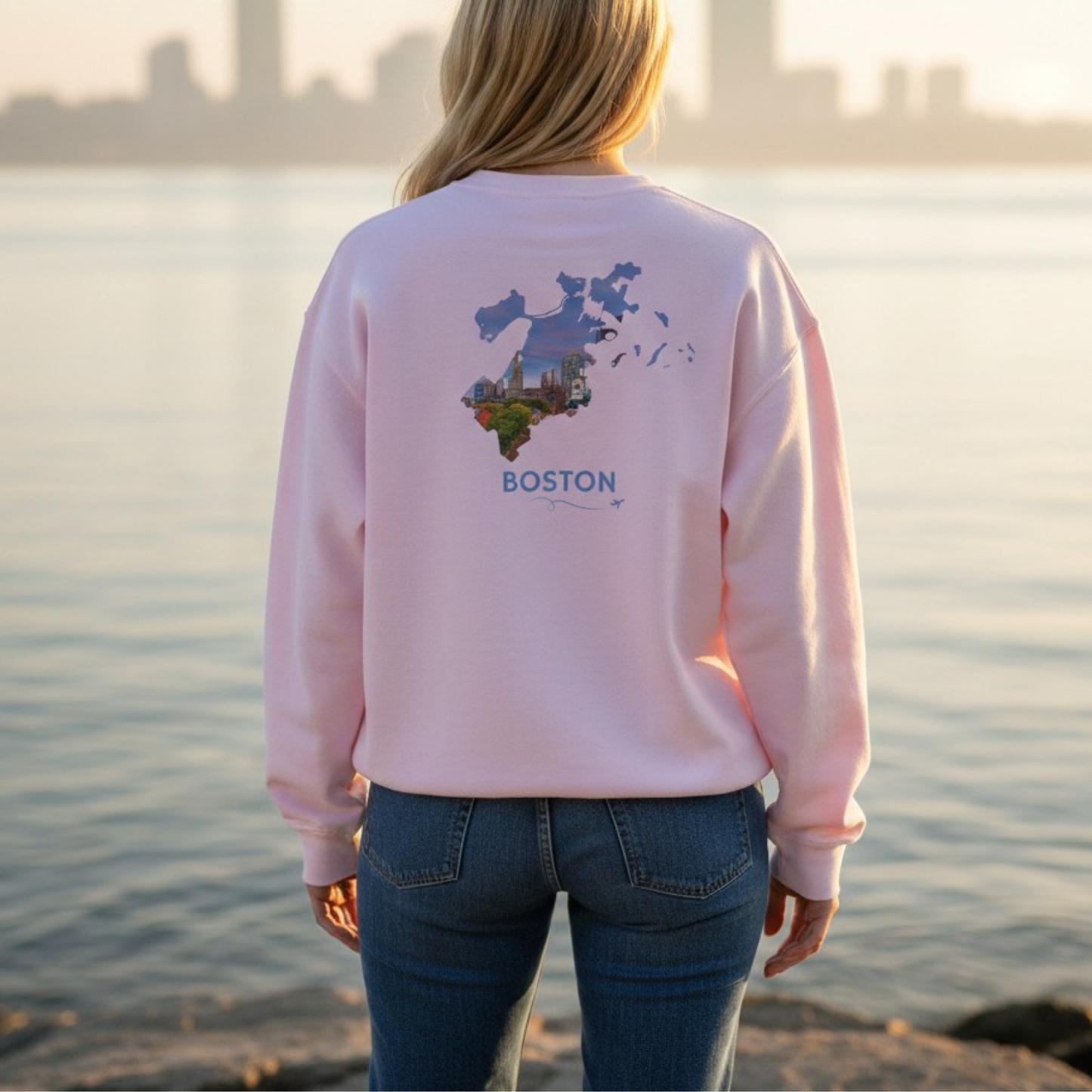 Boston Crewneck Sweatshirt | BOS Front & Historic Skyline Back | Faneuil Hall & Quincy Market