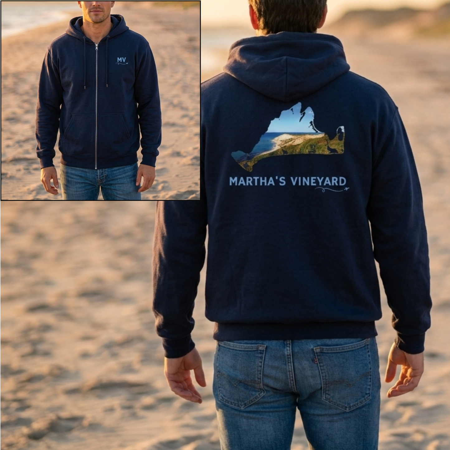 Martha’s Vineyard Zip-Up Hoodie | MV Front & Aquinnah Cliffs Back