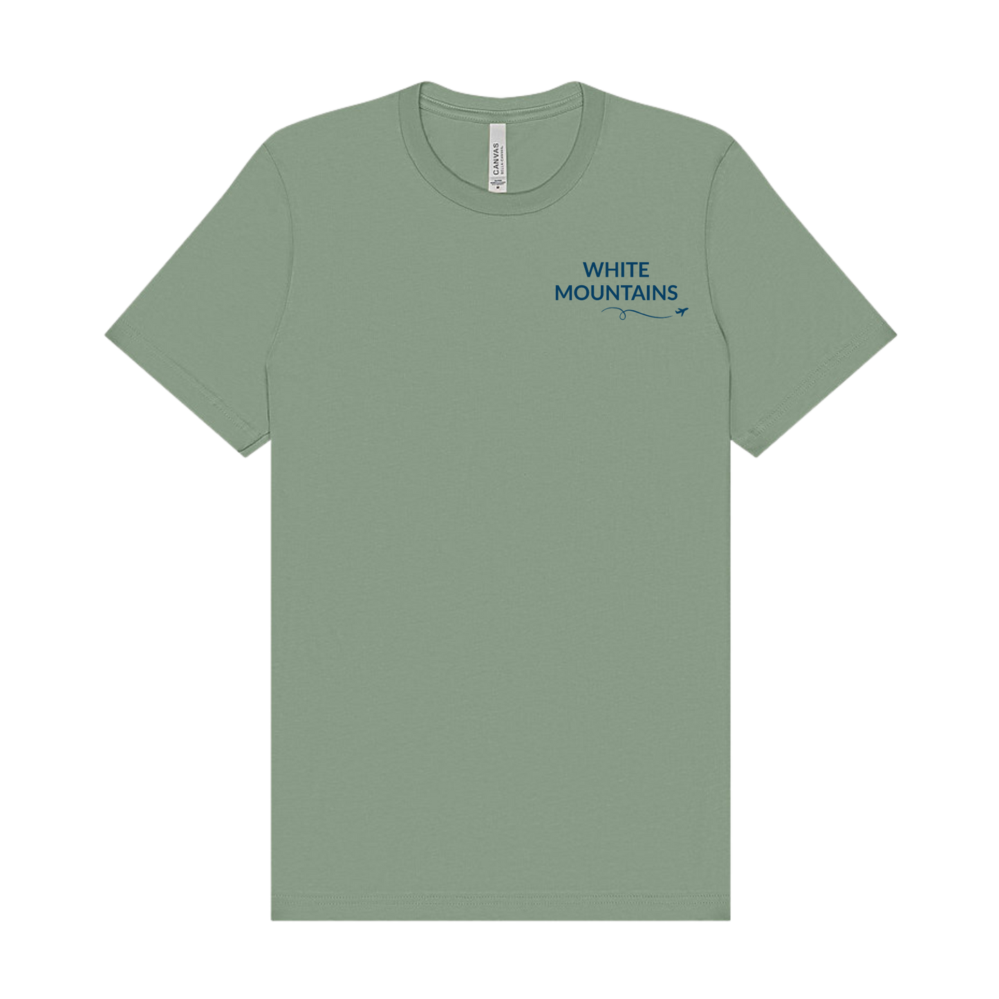Sage t-shirt featuring “White Mountains” on the left chest in navy with a small airplane icon and looping flight path.