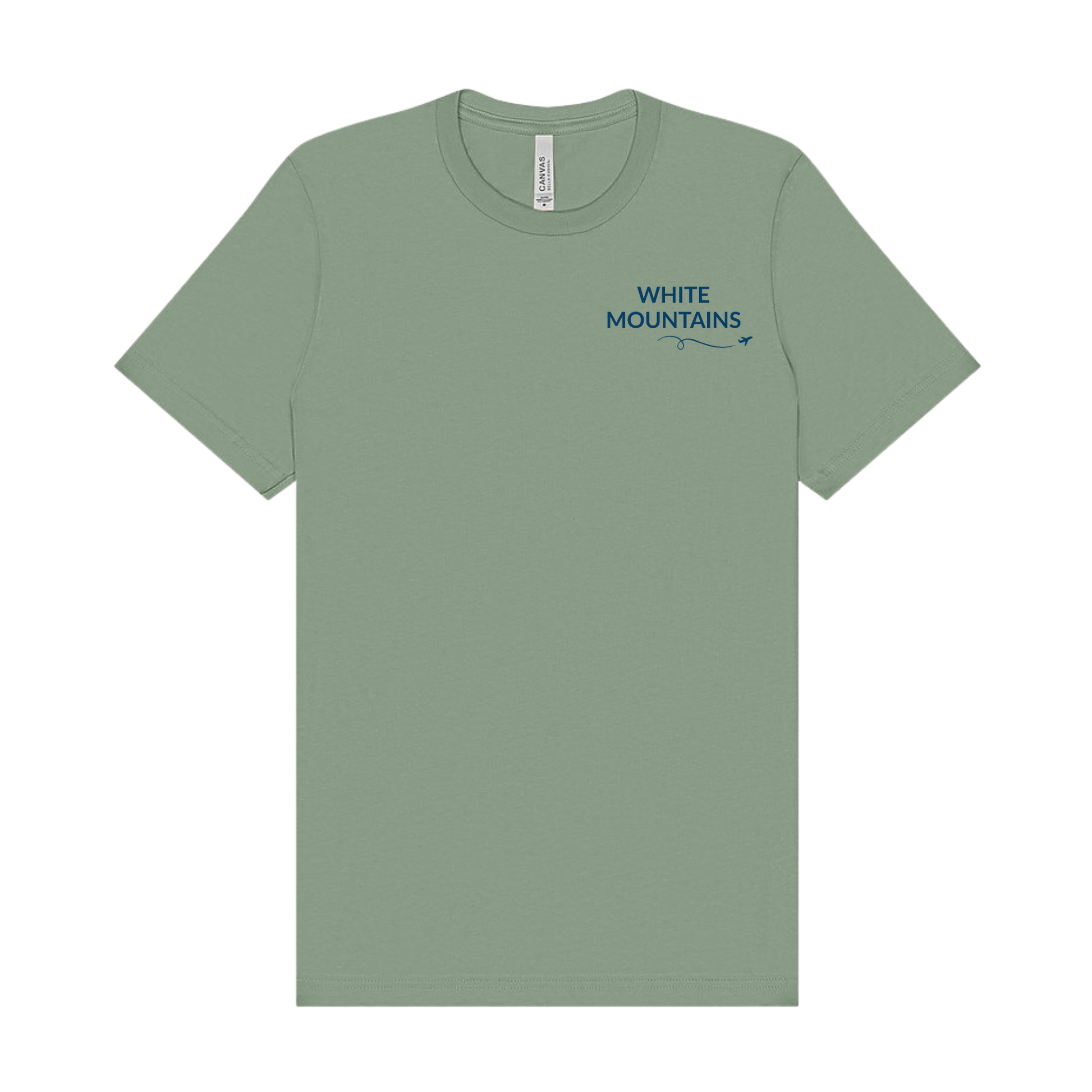 Sage t-shirt featuring “White Mountains” on the left chest in navy with a small airplane icon and looping flight path.