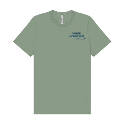 Sage t-shirt featuring “White Mountains” on the left chest in navy with a small airplane icon and looping flight path.