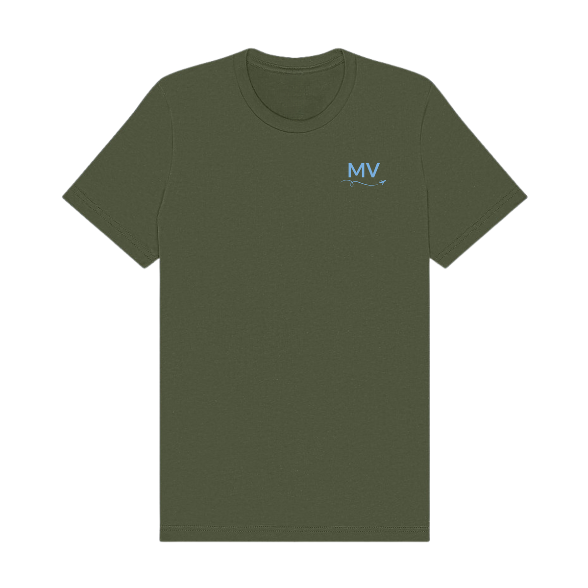 Front of military green t-shirt with light blue MV lettering, swirl, and small airplane on the chest