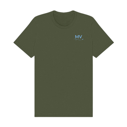 Front of military green t-shirt with light blue MV lettering, swirl, and small airplane on the chest