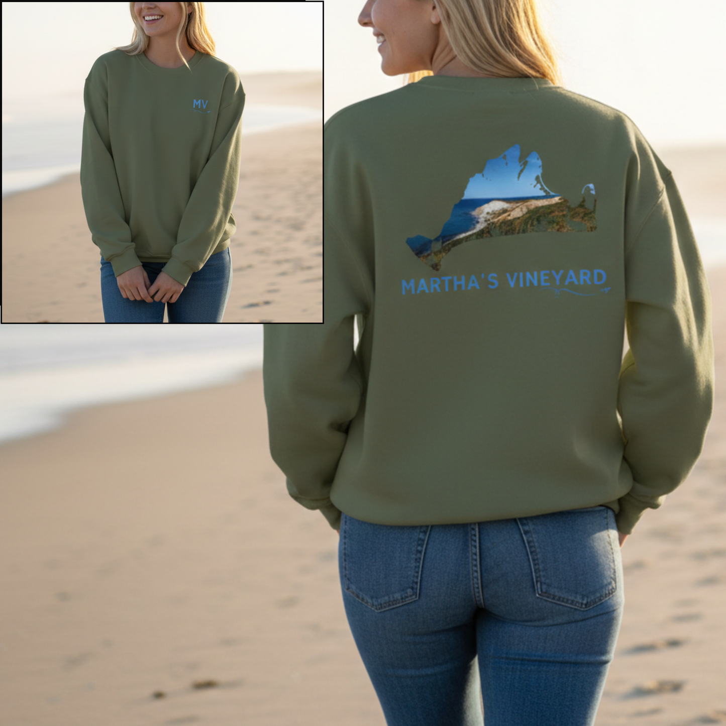 Martha’s Vineyard Crewneck Sweatshirt | MV Front & Aquinnah Cliffs Back