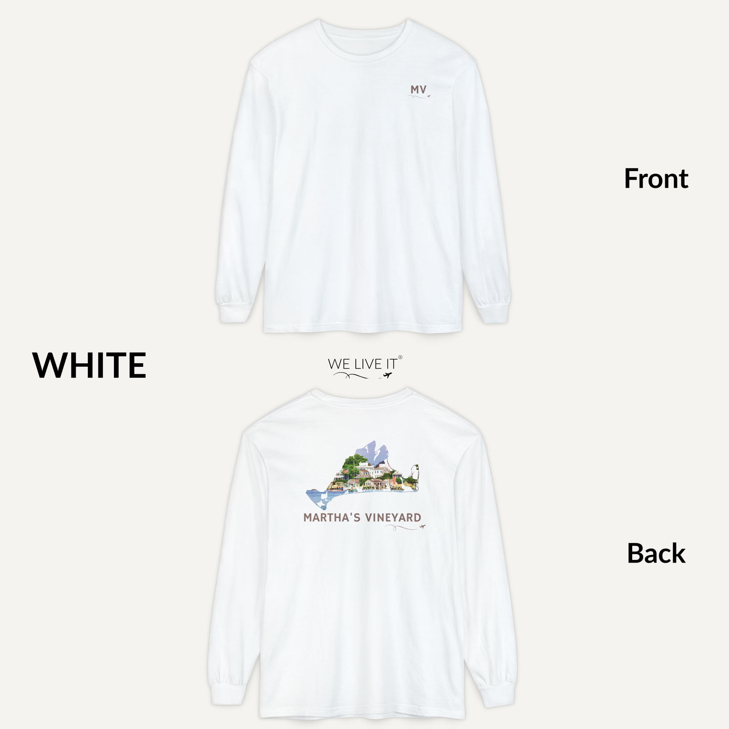 Martha’s Vineyard Long Sleeve | MV Front & Edgartown Harbor Outline Back
