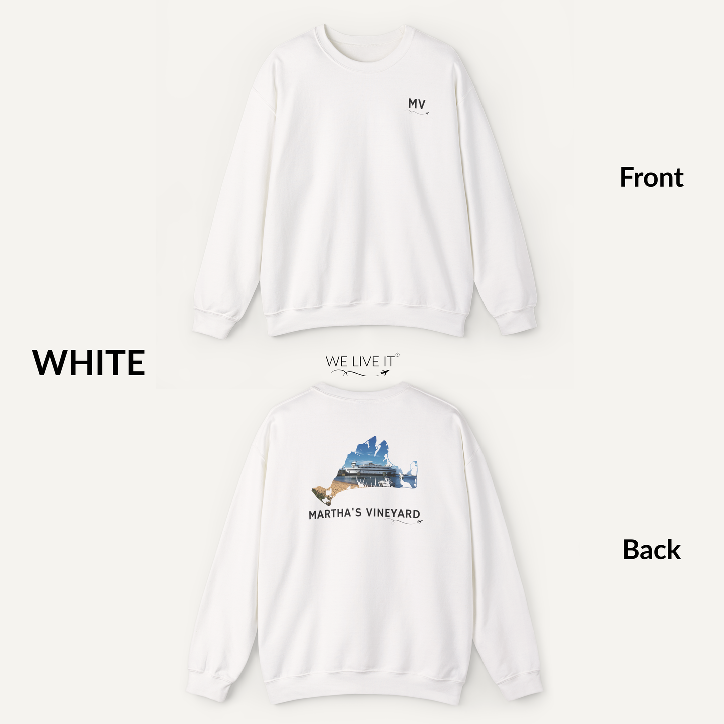 Martha’s Vineyard Crewneck Sweatshirt | MV Front & Vineyard Haven Steamship Back