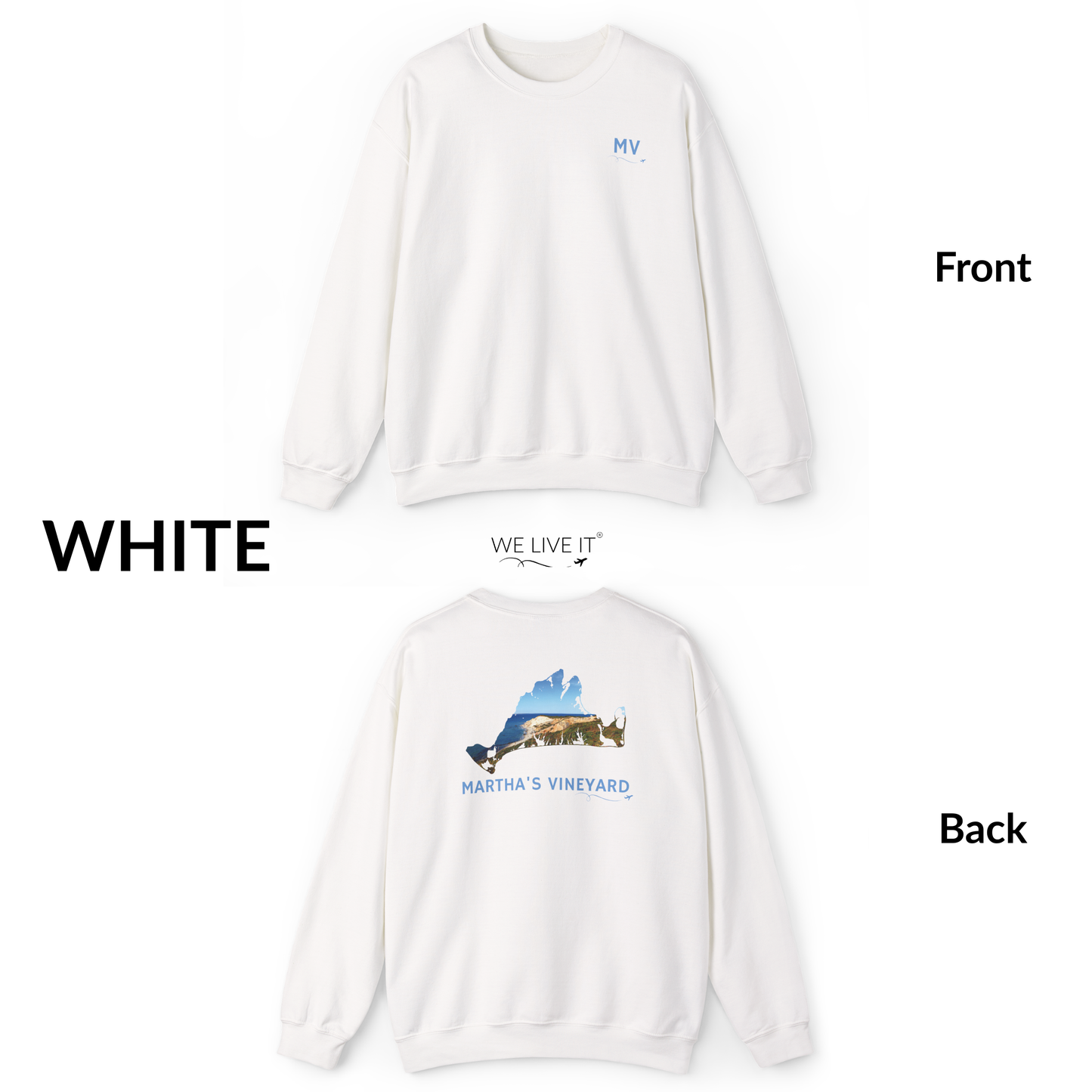 Martha’s Vineyard Crewneck Sweatshirt | MV Front & Aquinnah Cliffs Back