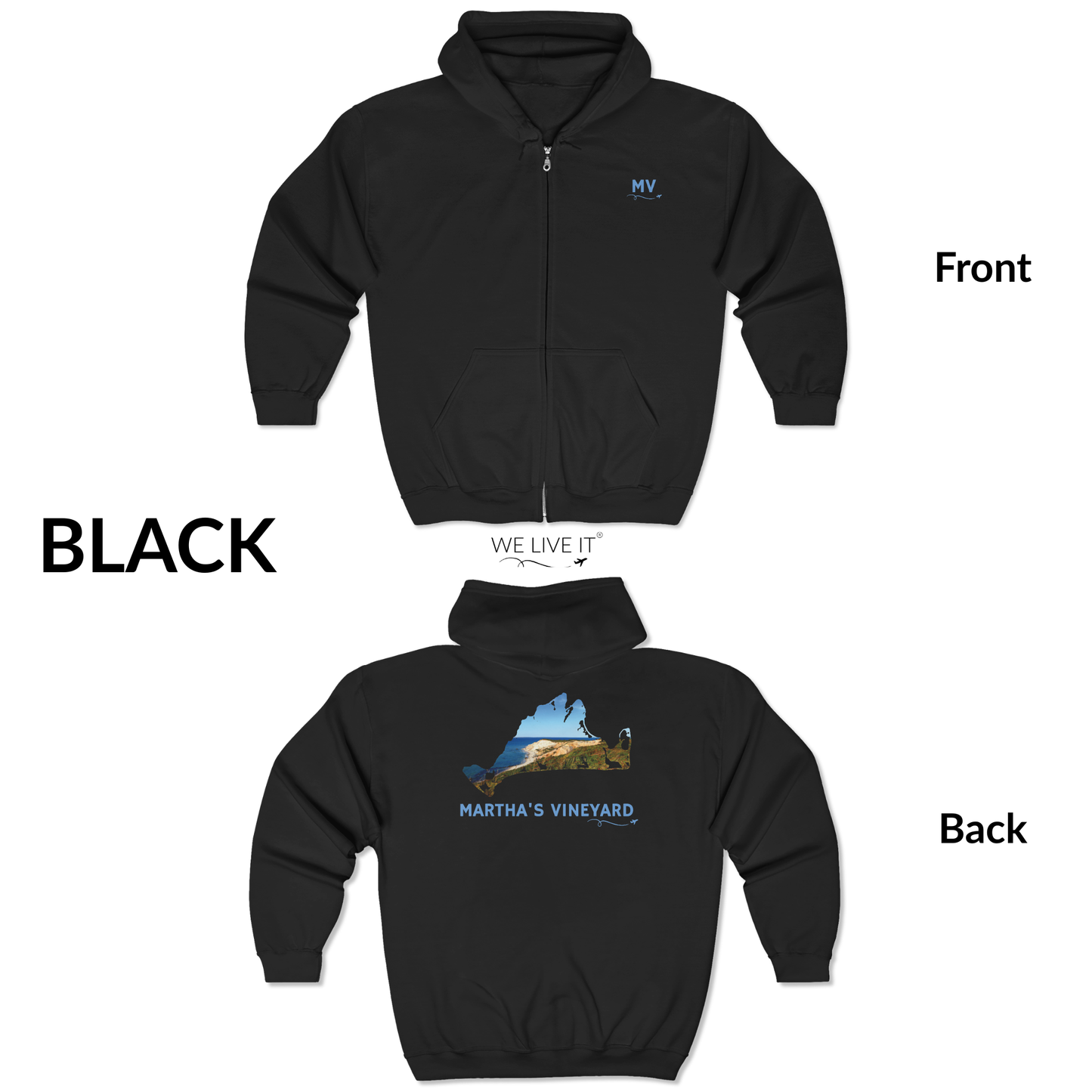 Martha’s Vineyard Zip-Up Hoodie | MV Front & Aquinnah Cliffs Back