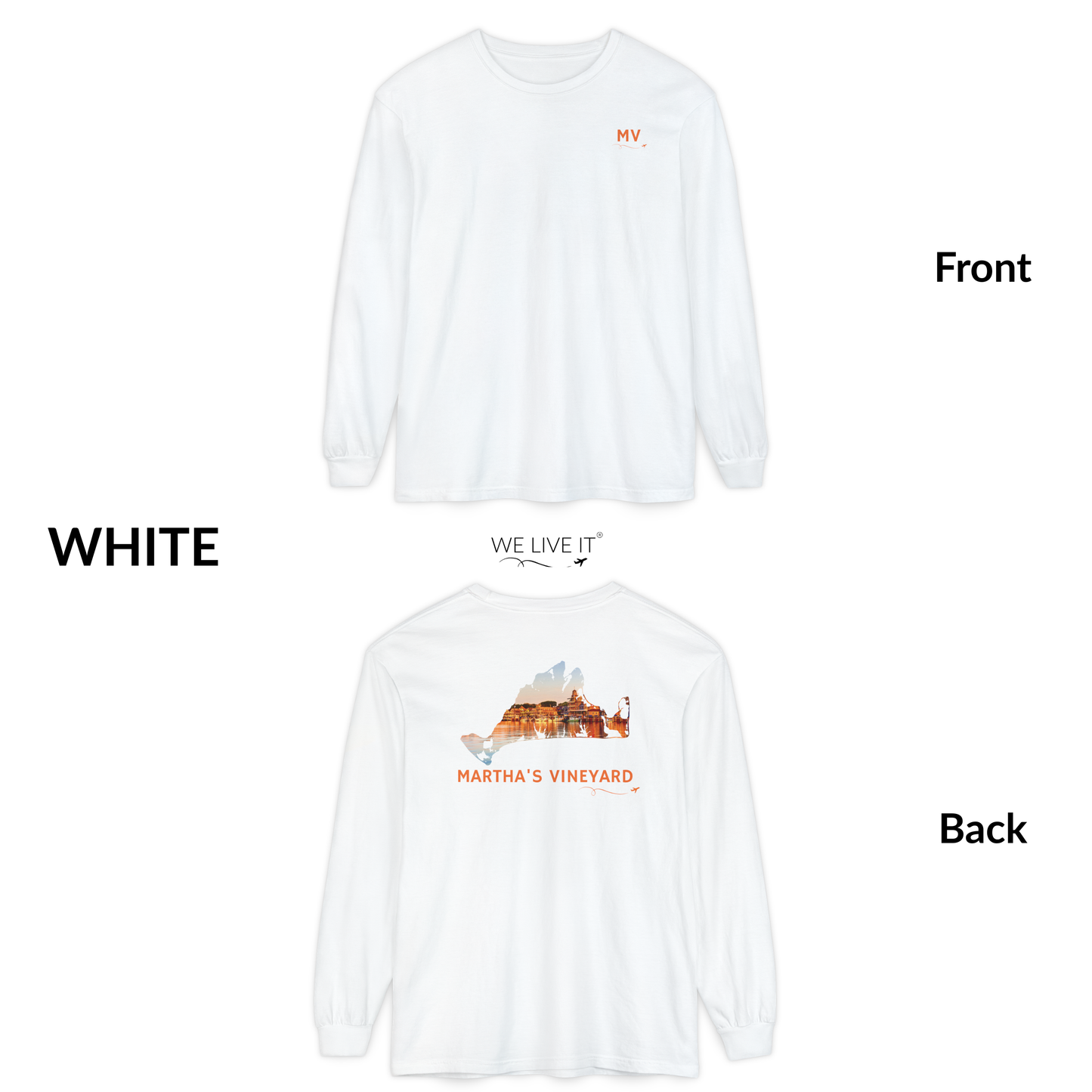 Martha’s Vineyard Long Sleeve | MV Front & Oak Bluffs Harbor Sunset Back