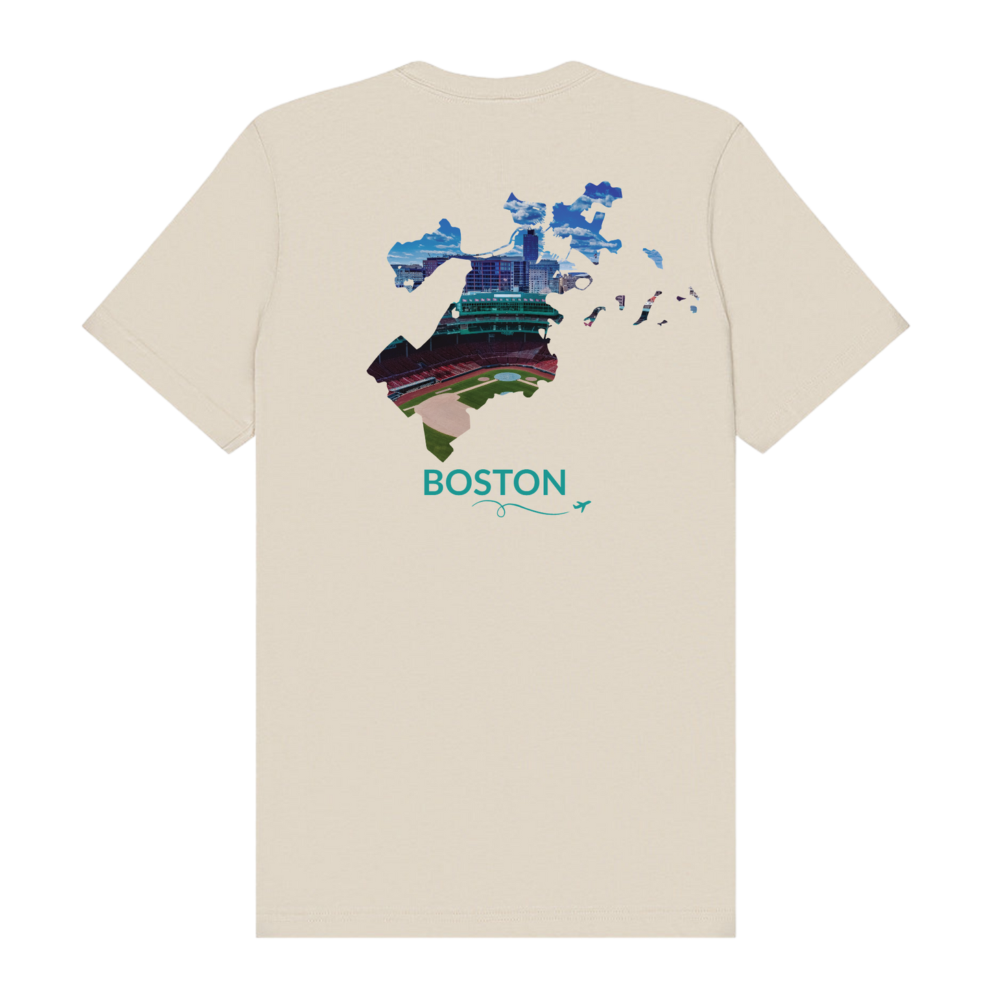 Dust t-shirt featuring a hand-drawn Boston outline filled with a photograph of Fenway Park and the surrounding city skyline. The word “Boston” appears below the artwork in Fenway green with a small airplane icon and looping flight path.