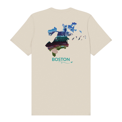 Dust t-shirt featuring a hand-drawn Boston outline filled with a photograph of Fenway Park and the surrounding city skyline. The word “Boston” appears below the artwork in Fenway green with a small airplane icon and looping flight path.