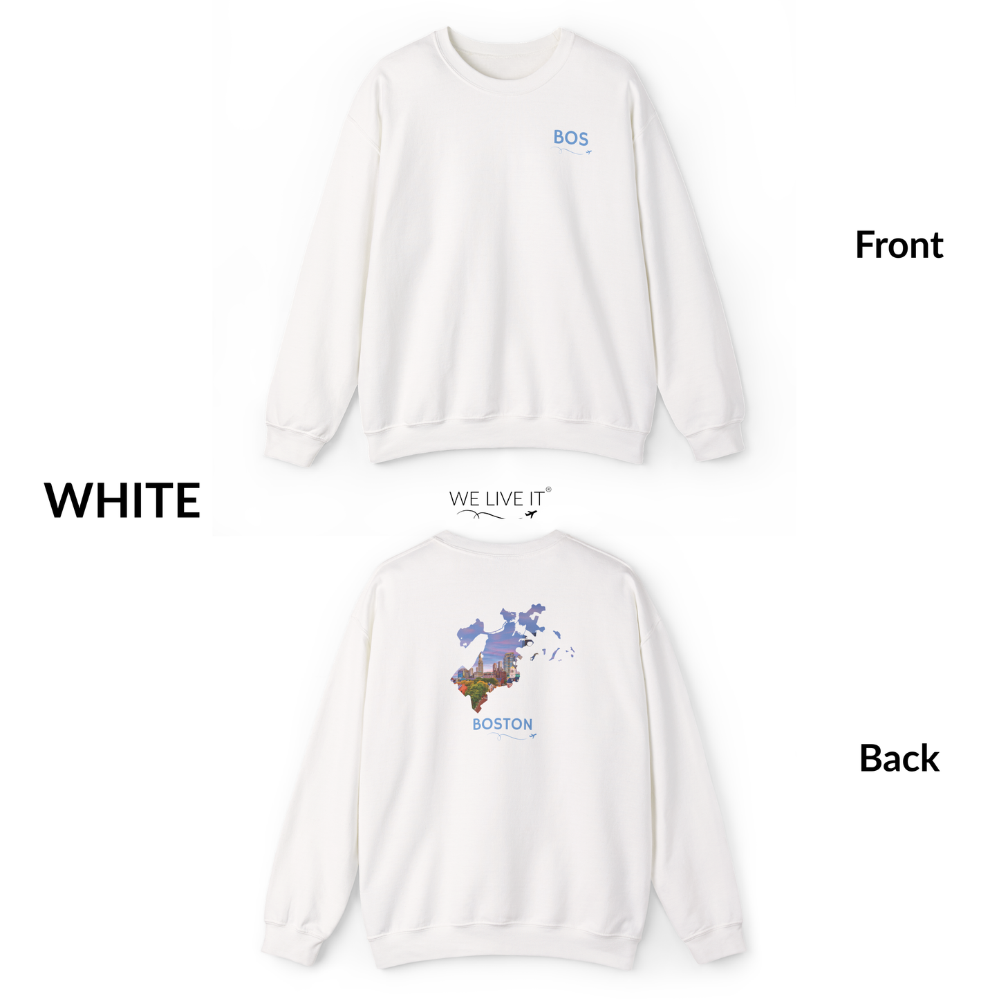 Boston Crewneck Sweatshirt | BOS Front & Historic Skyline Back | Faneuil Hall & Quincy Market