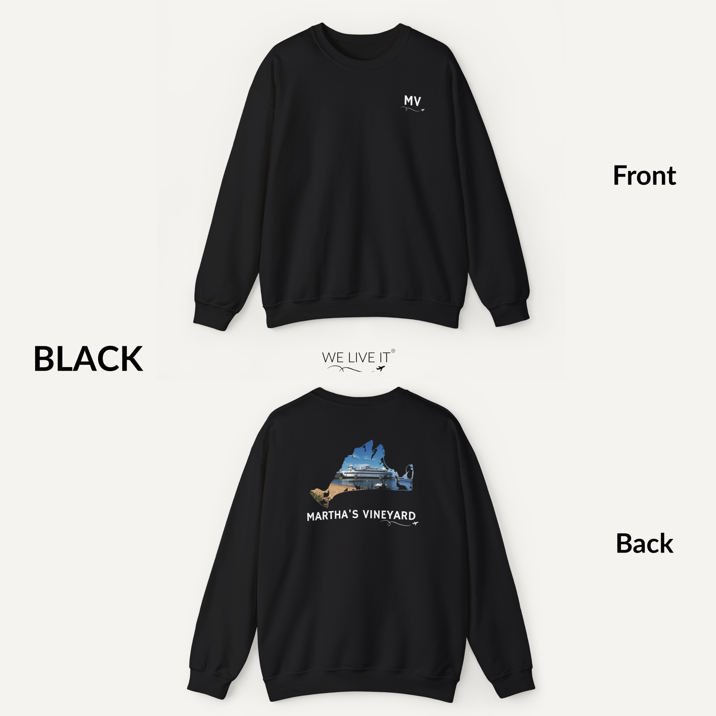 Martha’s Vineyard Crewneck Sweatshirt | MV Front & Vineyard Haven Steamship Back
