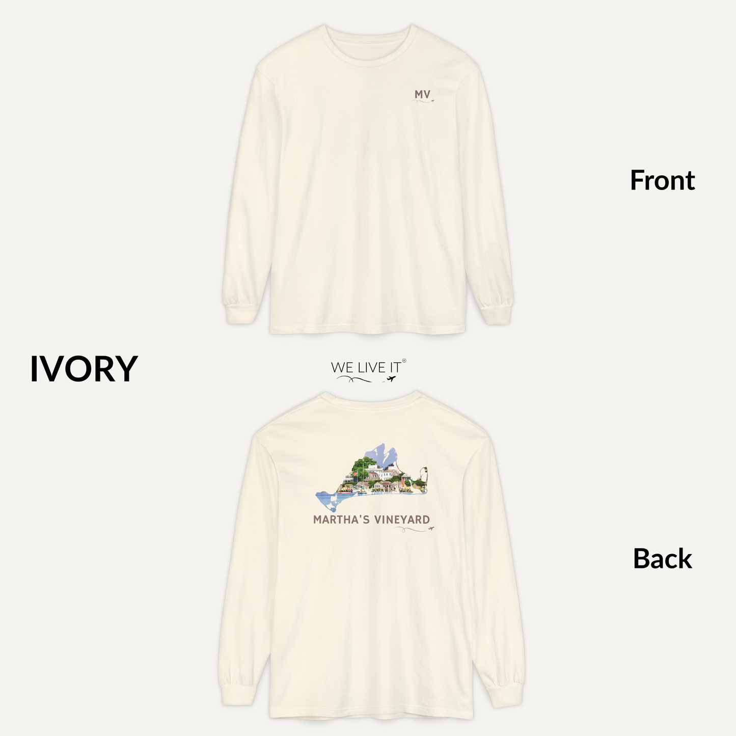 Martha’s Vineyard Long Sleeve | MV Front & Edgartown Harbor Outline Back