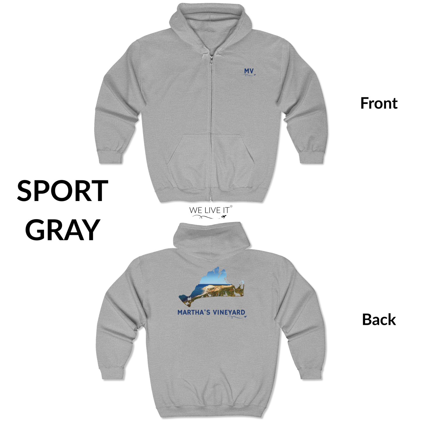 Martha’s Vineyard Zip-Up Hoodie | MV Front & Aquinnah Cliffs Back