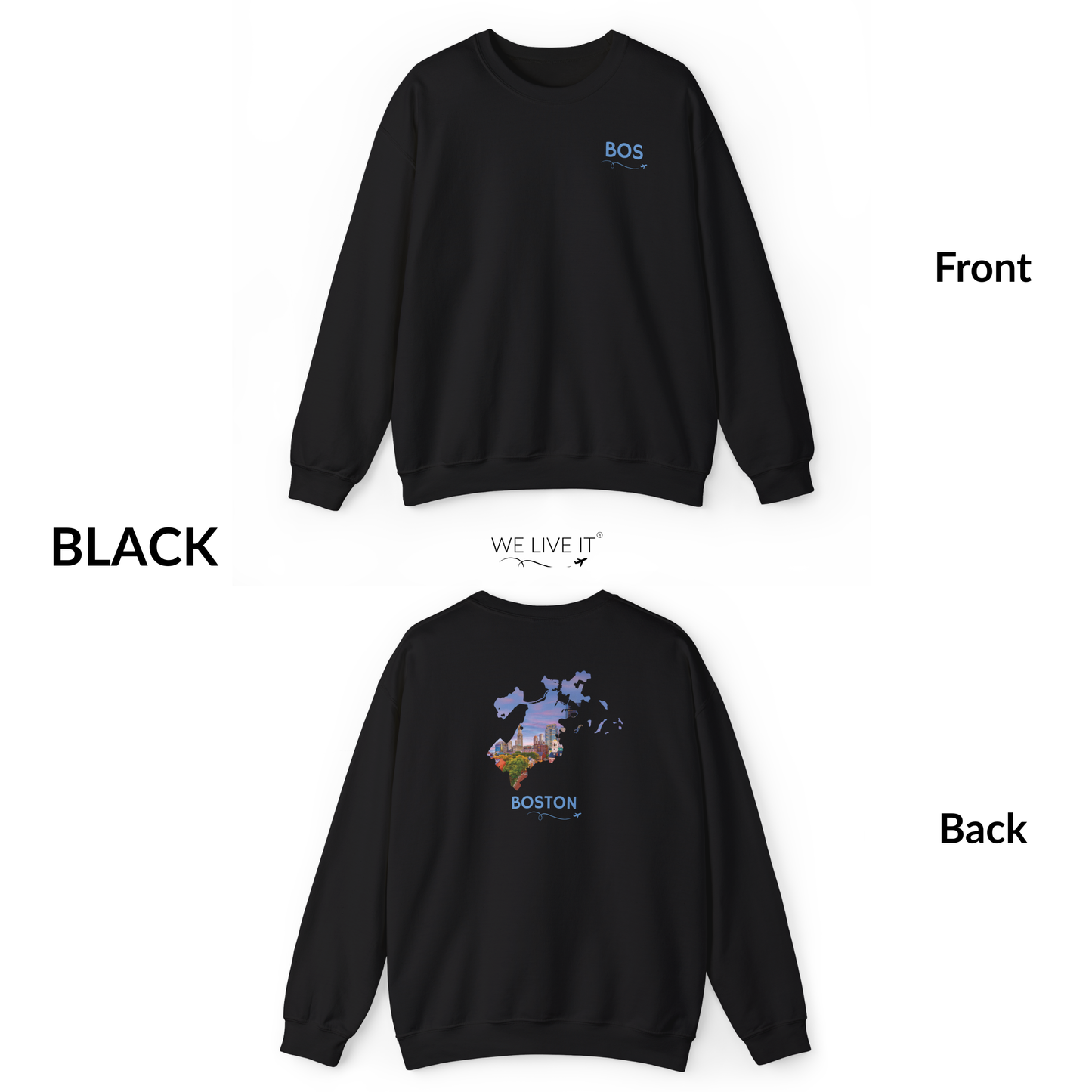 Boston Crewneck Sweatshirt | BOS Front & Historic Skyline Back | Faneuil Hall & Quincy Market