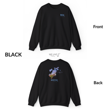 Boston Crewneck Sweatshirt | BOS Front & Historic Skyline Back | Faneuil Hall & Quincy Market